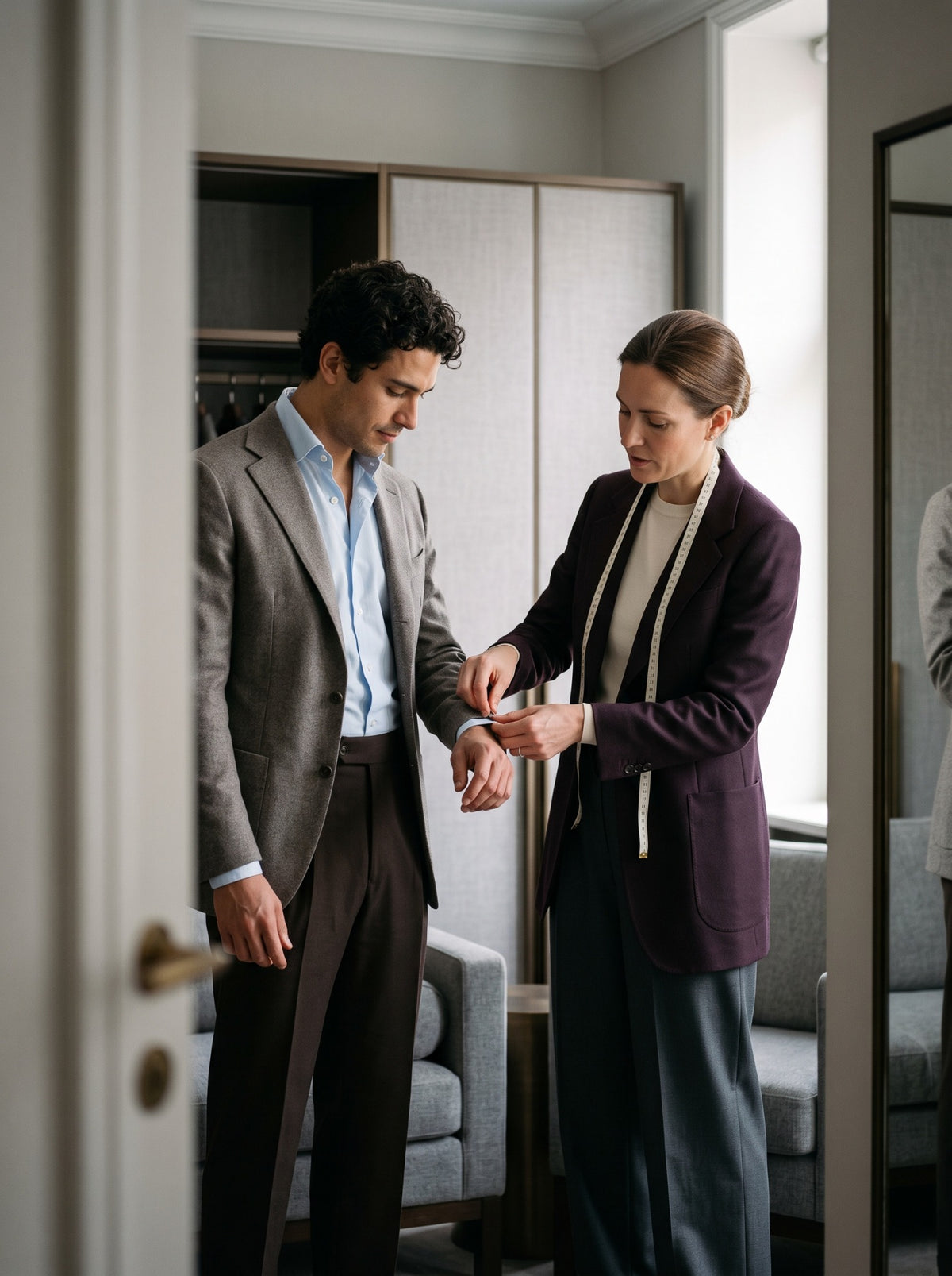 A consultant adjusting the sleeve of a client’s tailored jacket in a bright atelier