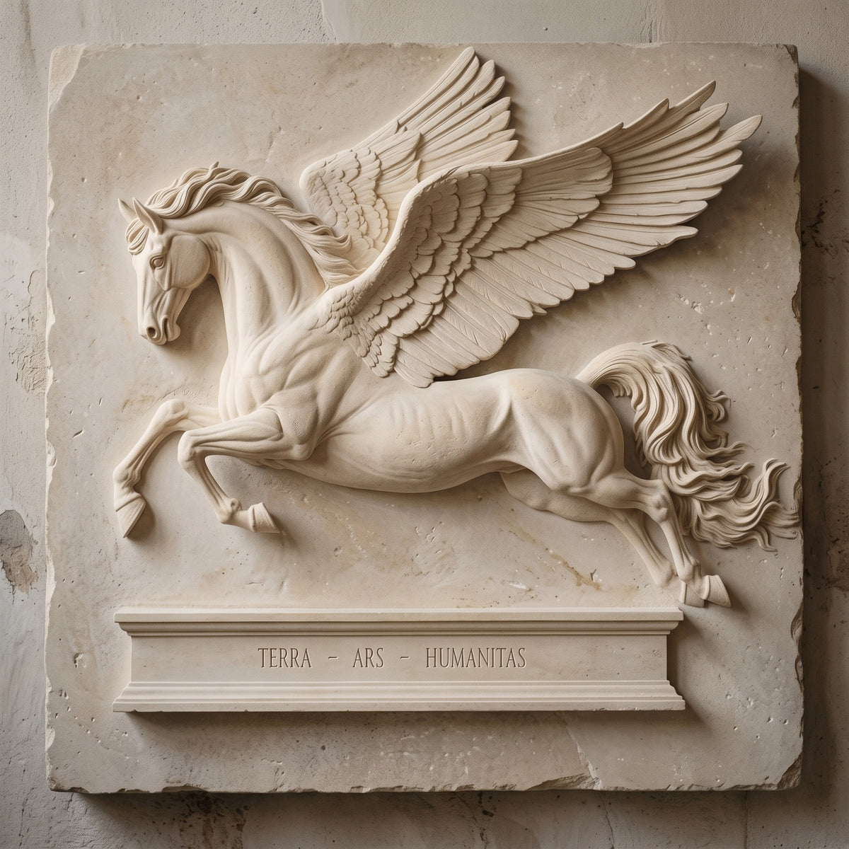 Stone Pegasus relief inscribed Terra, Ars, Humanitas