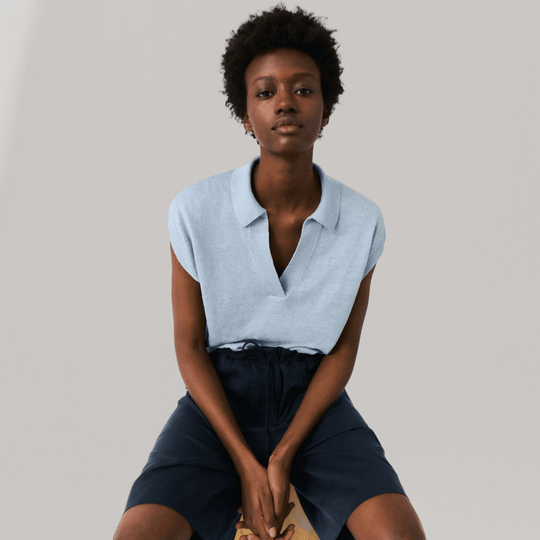 Poppy - Linen Knit Polo Shirt - Dusty Blue | Women's | Women's Clothing | Ecoalf | ALLTRUEIST