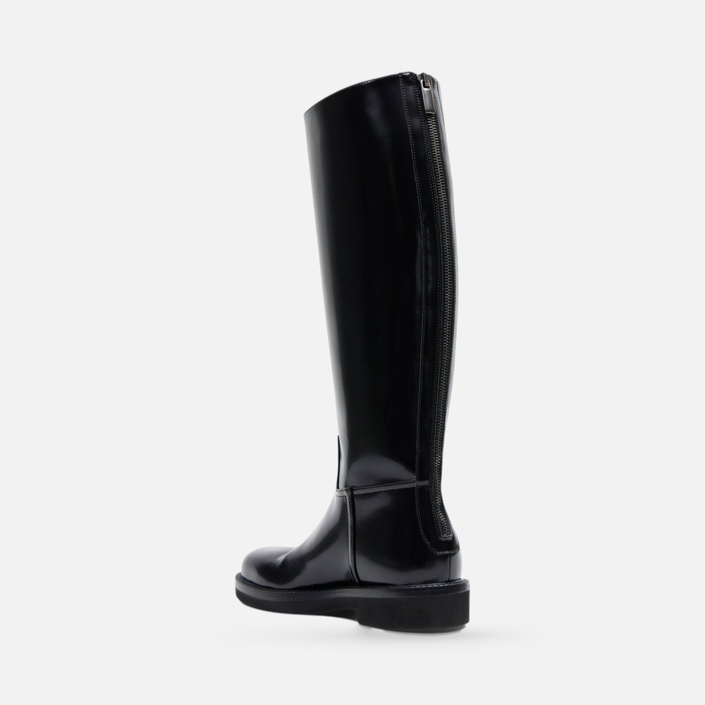 AERA ADA black brushed-effect knee-high boot, rear three-quarter view showing the back zipper and low heel.
