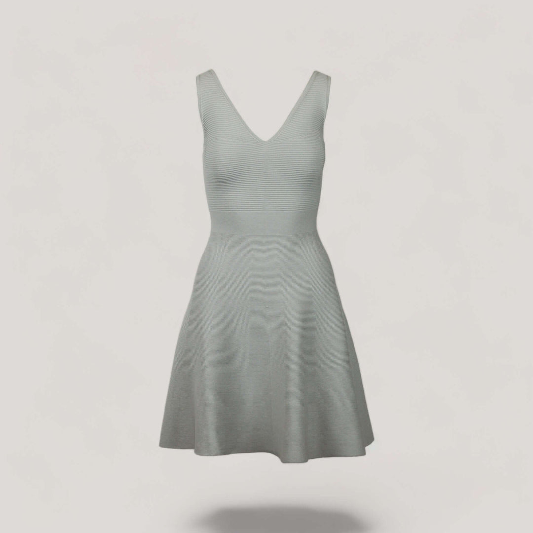 ALISA | Sleeveless V-Neck Flared Knit Dress | COLOR: CEMENT |3D Knitted by ALLTRUEIST