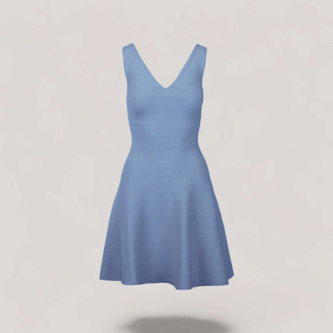 ALISA | Sleeveless V-Neck Flared Knit Dress | COLOR: LIGHT BLUE |3D Knitted by ALLTRUEIST