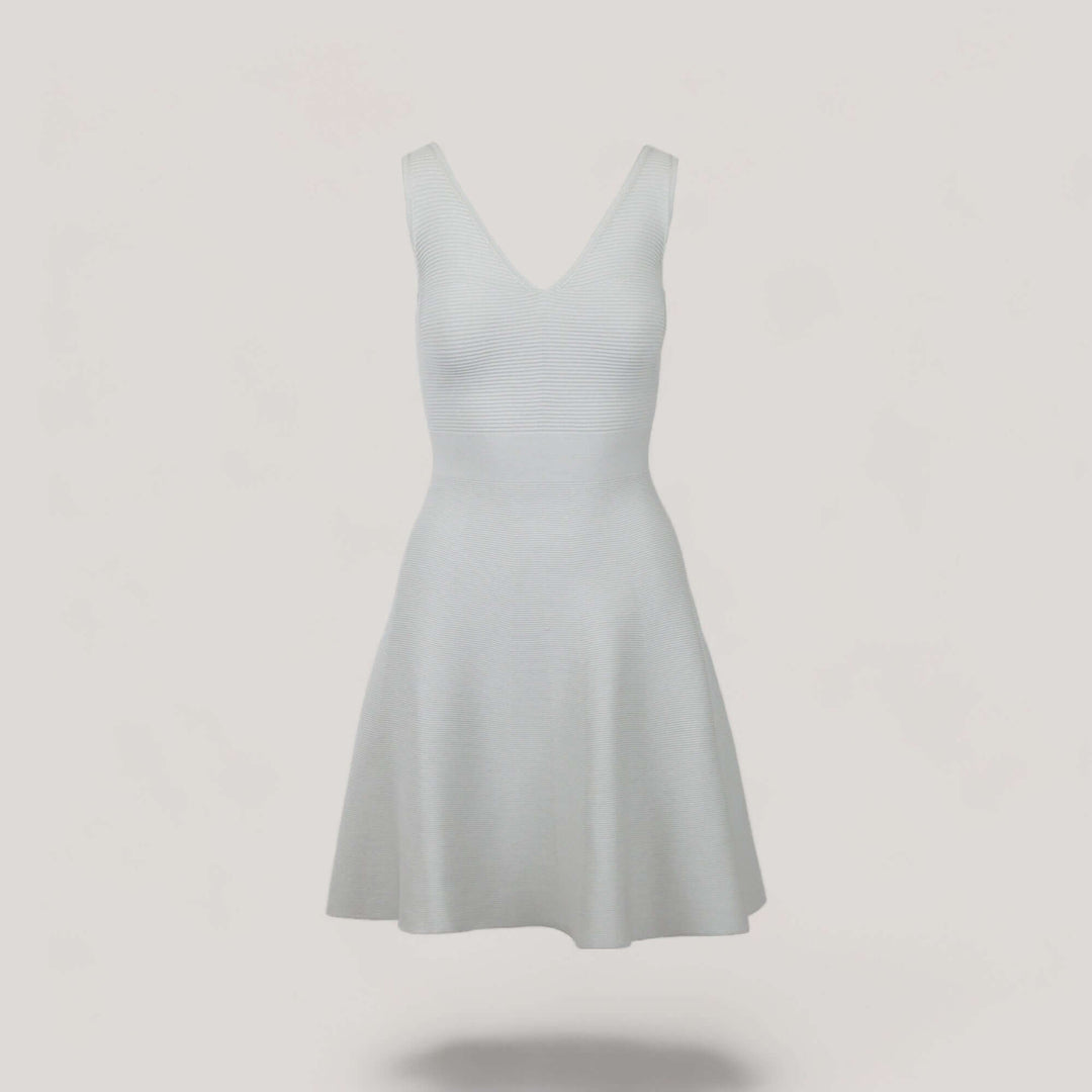 ALISA | Sleeveless V-Neck Flared Knit Dress | COLOR: LIGHT HEATHER GREY |3D Knitted by ALLTRUEIST