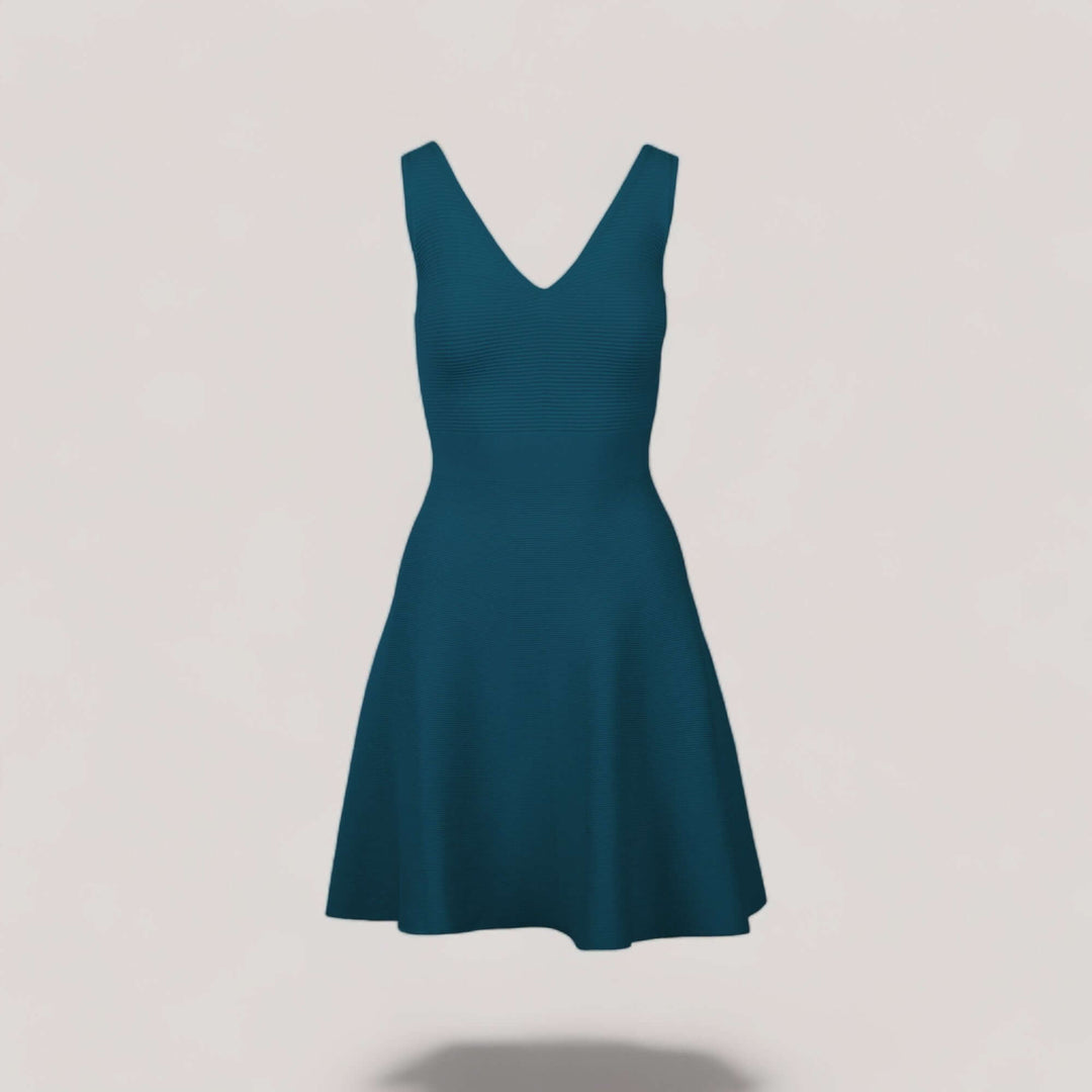 ALISA | Sleeveless V-Neck Flared Knit Dress | COLOR: PEACOCK |3D Knitted by ALLTRUEIST