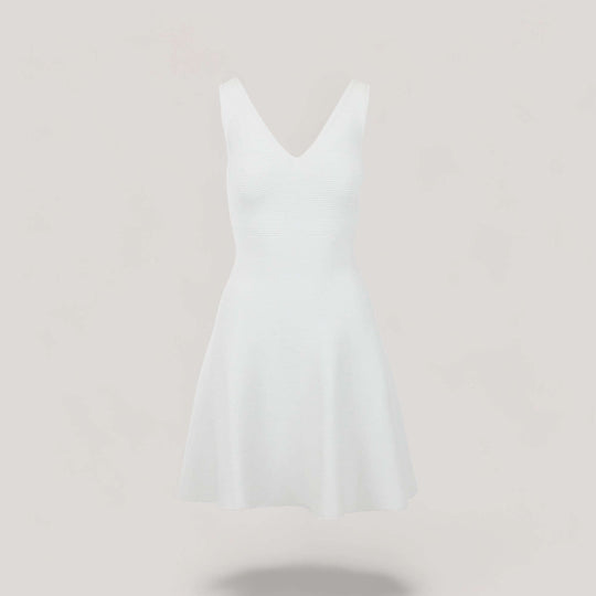 ALISA | Sleeveless V-Neck Flared Knit Dress | COLOR: WHITE |3D Knitted by ALLTRUEIST
