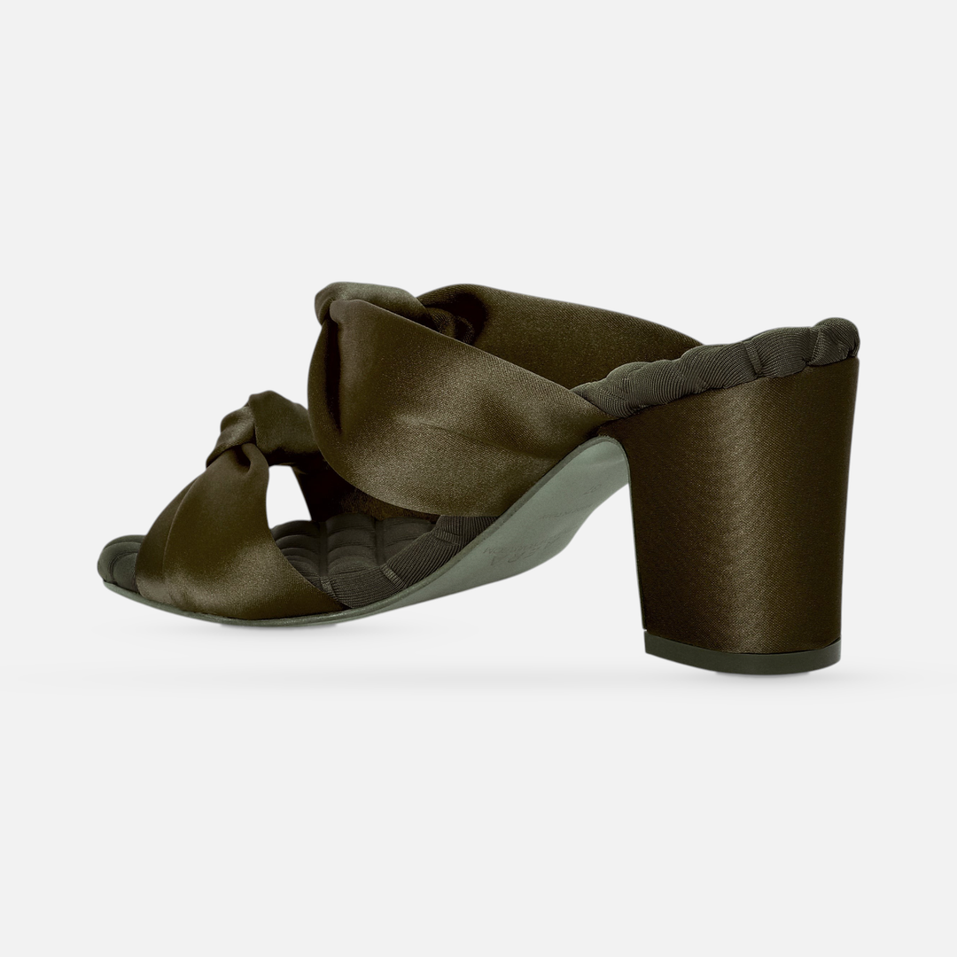 AERA ALESSIA military green satin block heel mule, rear three-quarter view showing the heel and sole.