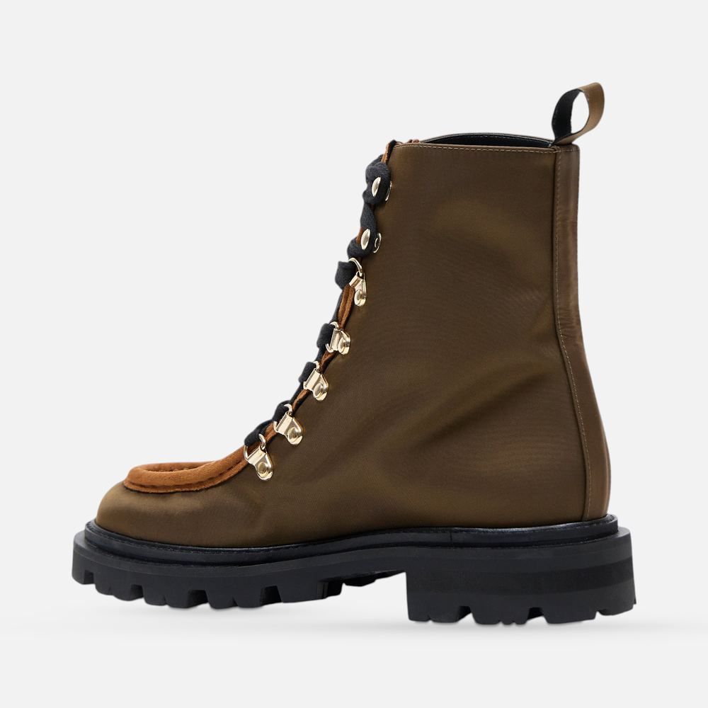 AERA AMALIA dark khaki lace-up ankle boot, inner-side view showing the arch and heel.