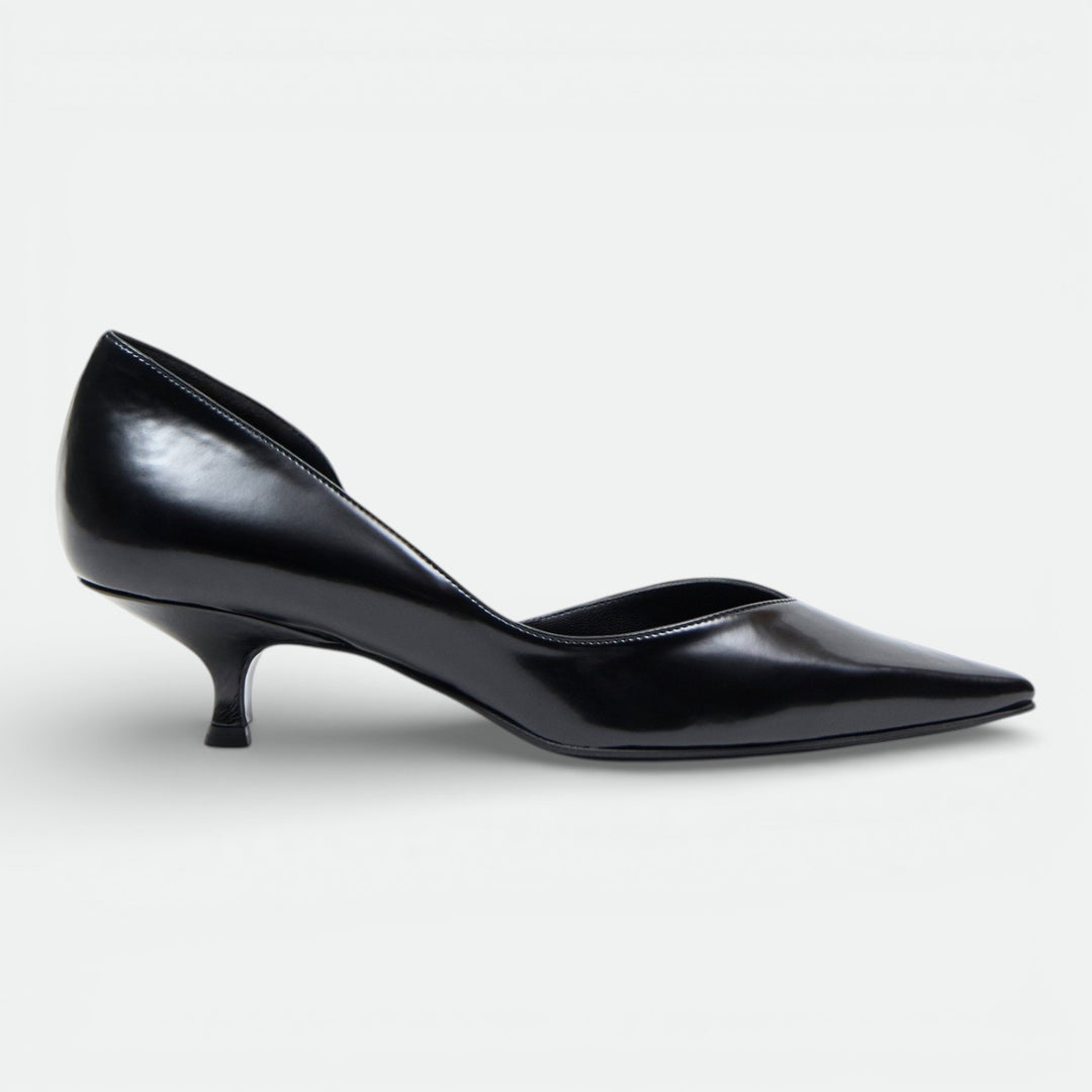 ARIANA | Black Patent Leather Effect - Kitten Heel Pumps by AERA NEW YORK LUXURY SHOES, elegant d'Orsay style with sleek design.