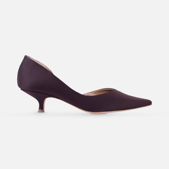 AERA ARIANA brown satin kitten heel pump, side view.