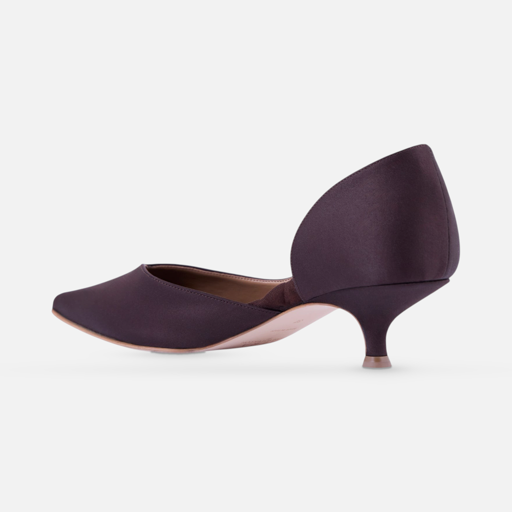 AERA ARIANA brown satin kitten heel pump, inner-side view showing the arch and heel.