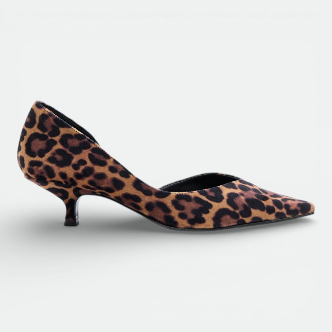ARIANA | Velvet Leopard - Kitten Heel Pumps by AERA NEW YORK LUXURY SHOES, featuring leopard fabric and d’Orsay design with a 45mm heel.