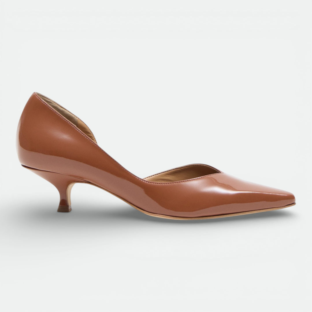 ARIANA | Mocha Patent Leather Effect - Kitten Heel Pumps, elegant d’Orsay style by AERA NEW YORK LUXURY SHOES, 45mm heel.