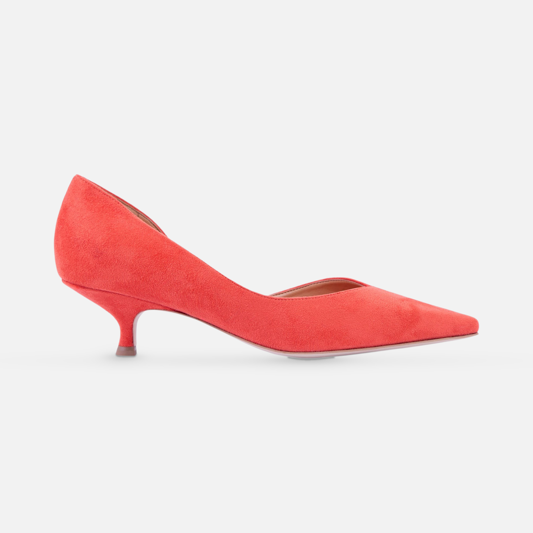 AERA ARIANA orange suede-effect kitten heel pump, side view.