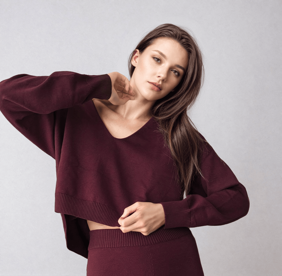 CARMEN | Boxy Cropped V-Neck Sweater | COLOR: BORDEAUX, LIGHT BLUE, MAGENTA, CRIMSON, PEACOCK, WHITE, LIGHT HEATHER GREY, CHARCOAL, IVORY, LODEN (Dark Green), NAVY, SLATE GREY, BLACK, PEACH, BROWN, CEMENT |3D Knitted by ALLTRUEIST