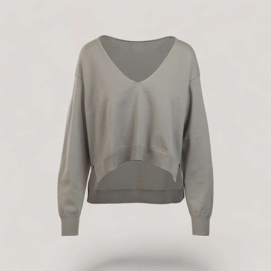 CARMEN | Boxy Cropped V-Neck Sweater | COLOR: CEMENT |3D Knitted by ALLTRUEIST