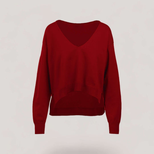 CARMEN | Boxy Cropped V-Neck Sweater | COLOR: CRIMSON |3D Knitted by ALLTRUEIST