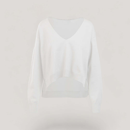 CARMEN | Boxy Cropped V-Neck Sweater | COLOR: WHITE |3D Knitted by ALLTRUEIST