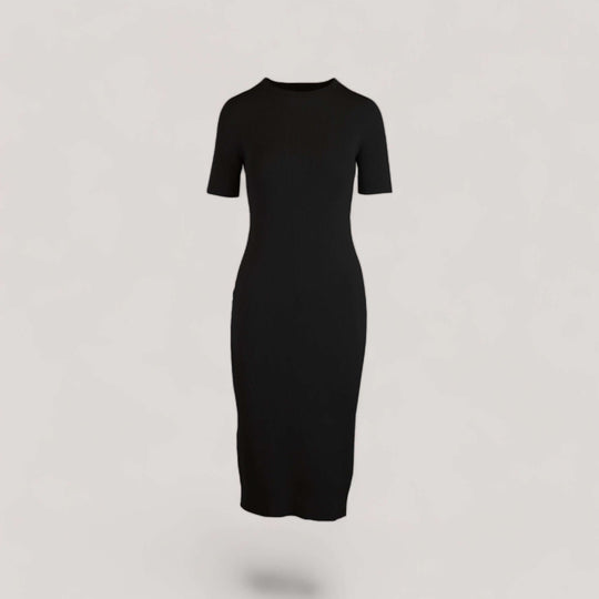 CELESTE | Short Sleeve Crew-Neck Rib Dress | COLOR: BLACK |3D Knitted by ALLTRUEIST