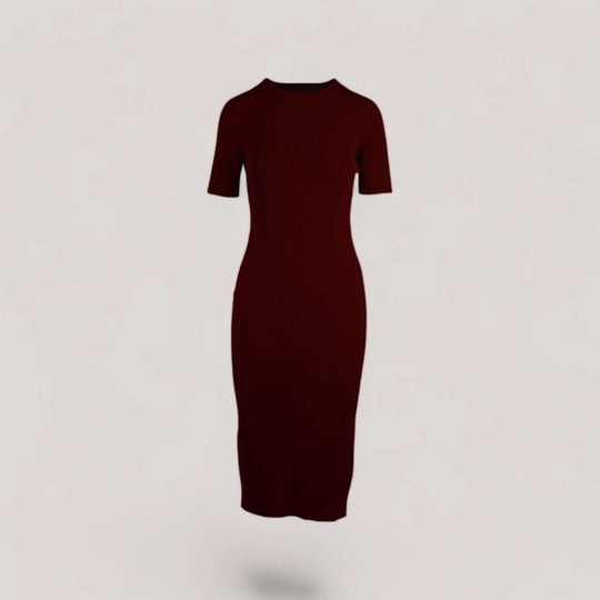 CELESTE | Short Sleeve Crew-Neck Rib Dress | COLOR: BORDEAUX |3D Knitted by ALLTRUEIST