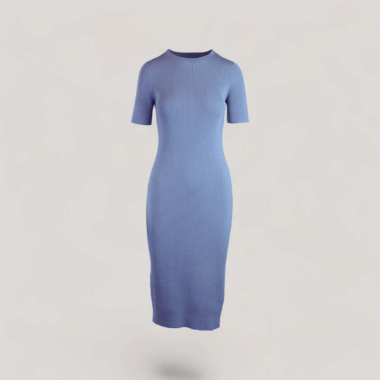 CELESTE | Short Sleeve Crew-Neck Rib Dress | COLOR: LIGHT BLUE |3D Knitted by ALLTRUEIST