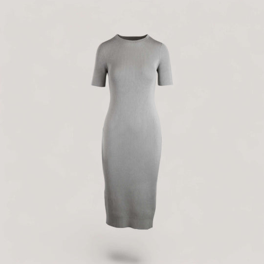 CELESTE | Short Sleeve Crew-Neck Rib Dress | COLOR: LIGHT HEATHER GREY |3D Knitted by ALLTRUEIST