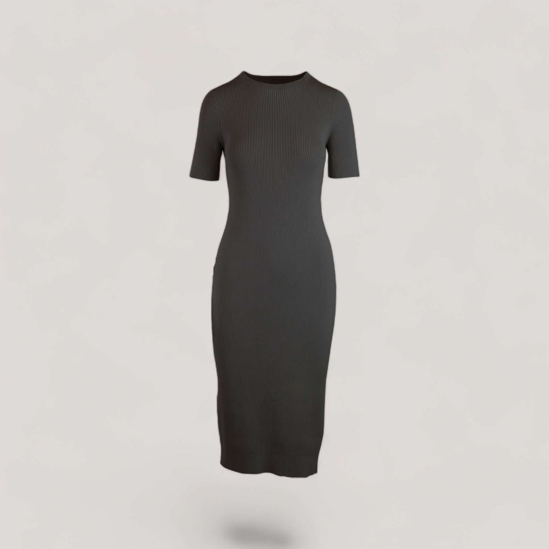 CELESTE | Short Sleeve Crew-Neck Rib Dress | COLOR: SLATE GREY |3D Knitted by ALLTRUEIST