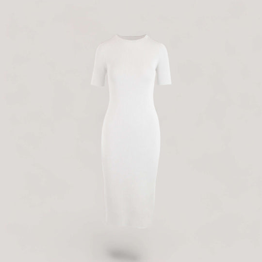 CELESTE | Short Sleeve Crew-Neck Rib Dress | COLOR: WHITE |3D Knitted by ALLTRUEIST