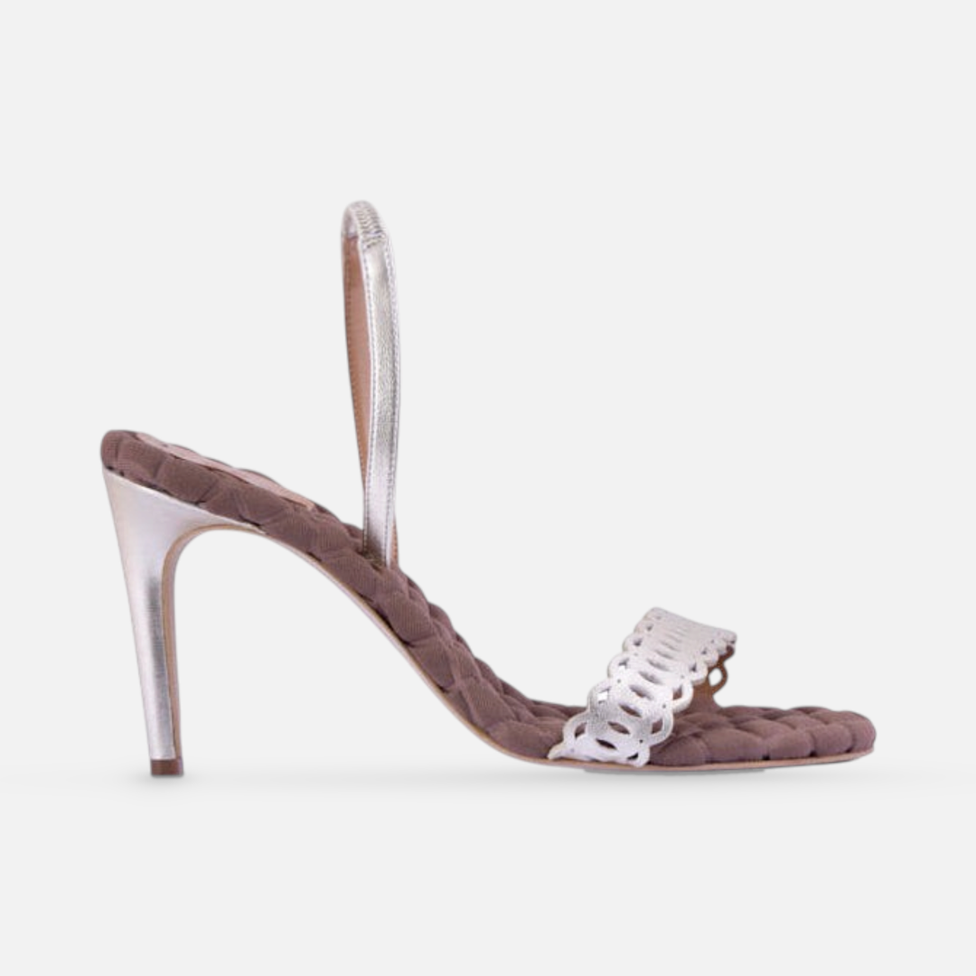 AERA CLAUDIA gold nappa-effect slingback sandal, side view.