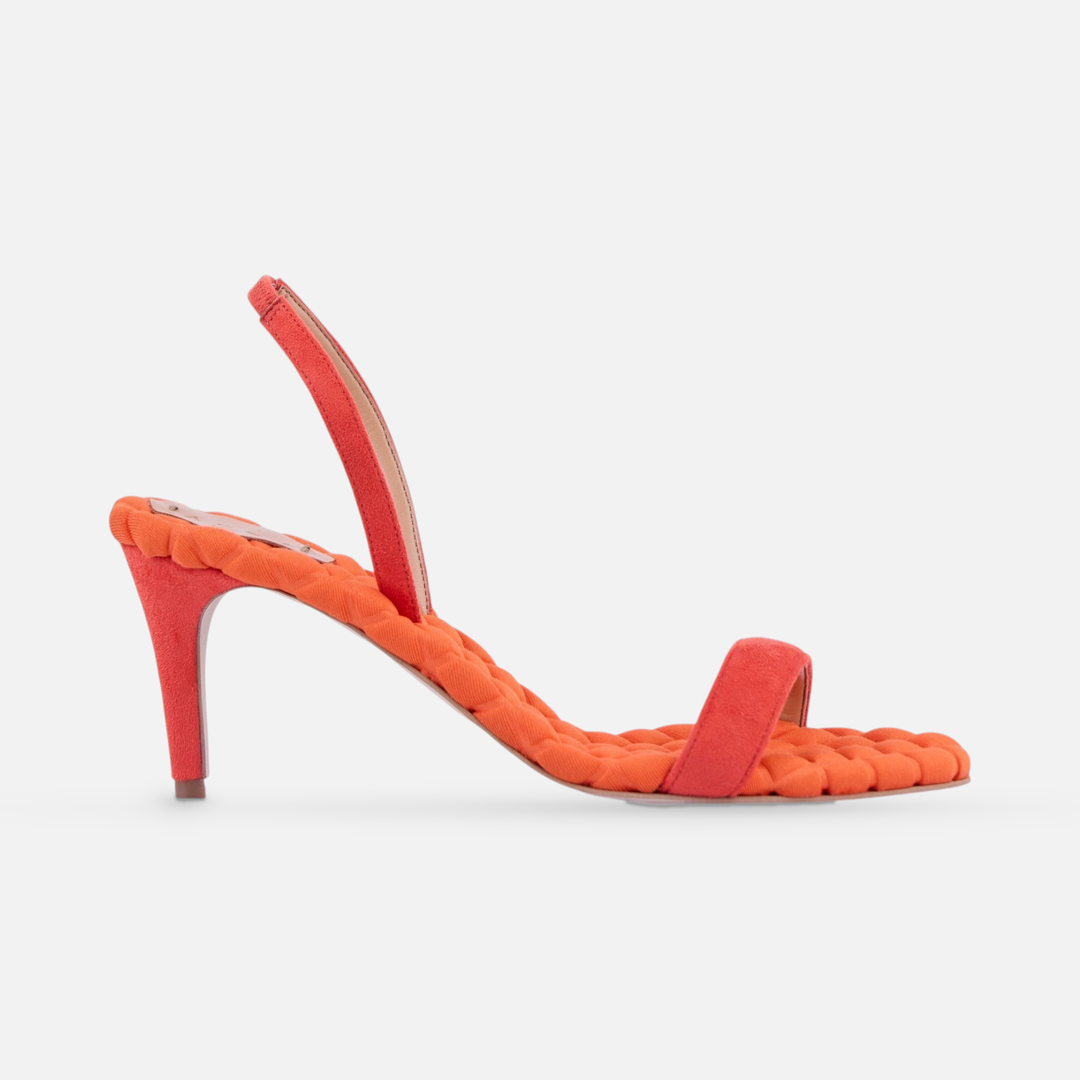 AERA CLAUDIA orange suede-effect slingback sandal, side view.