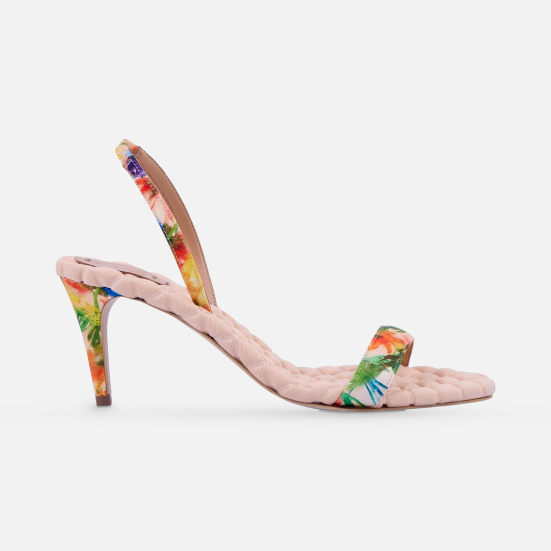 AERA CLAUDIA floral-print satin slingback sandal, side view.