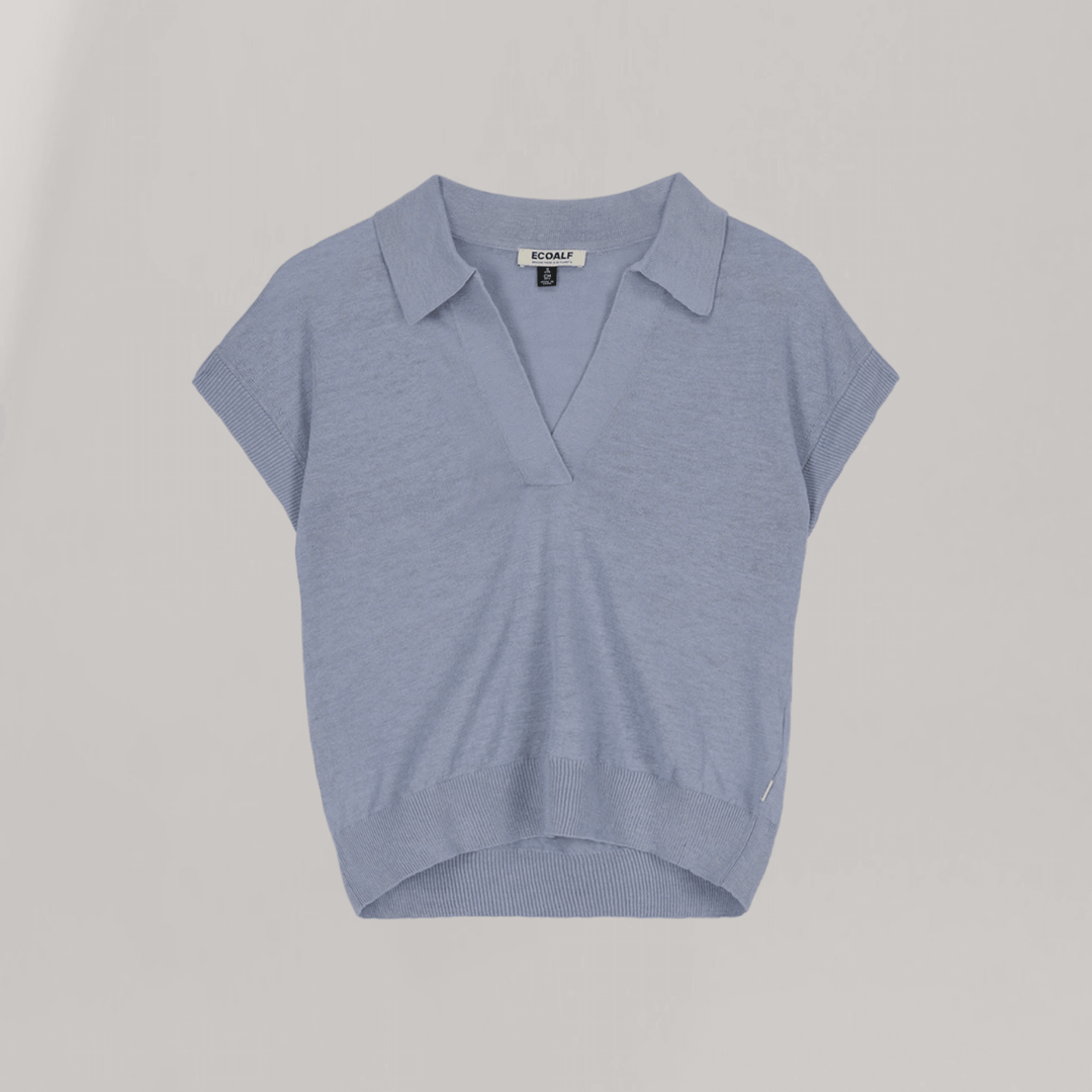 Poppy - Linen Knit Polo Shirt - Dusty Blue | Women's | Women's Clothing | Ecoalf | ALLTRUEIST