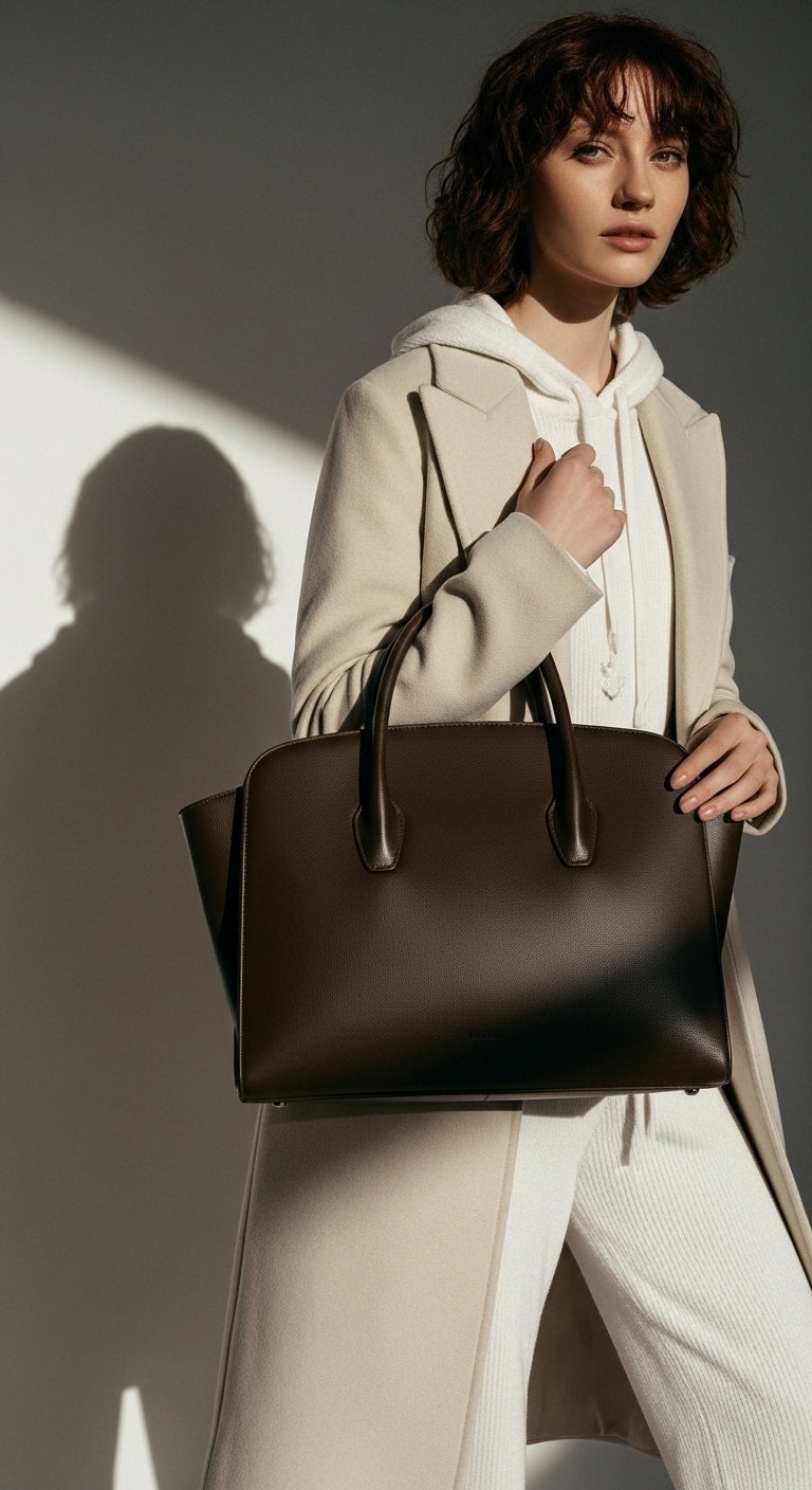Woman holding Gigi | Maxi Tote Bag | Espresso Brown from ALEXANDRA K. VEGAN HANDBAGS, available at ALLTRUEIST.