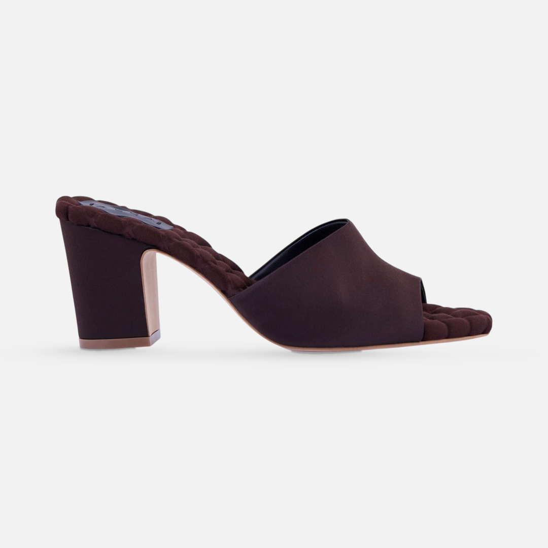 AERA GIULIA brown satin block heel mule, side view.