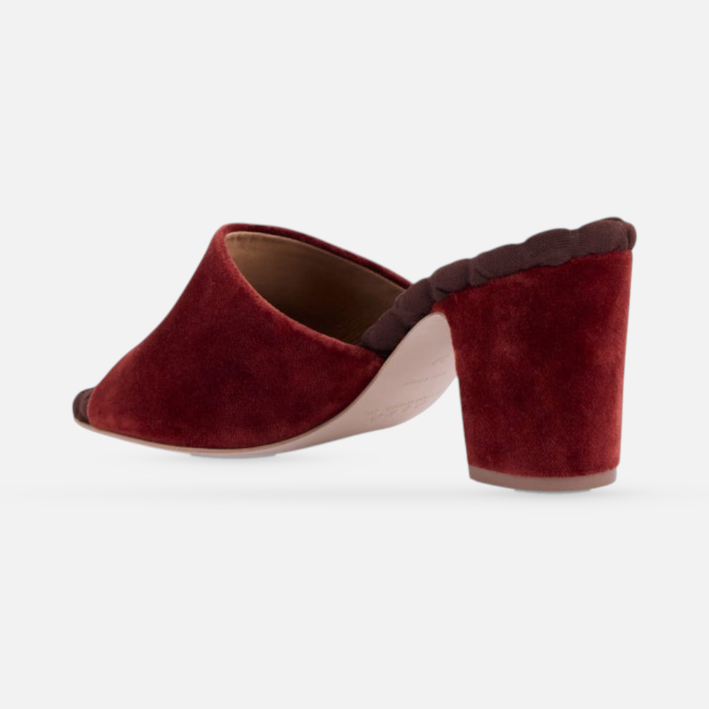 AERA GIULIA cotto brown velvet block heel mule, rear three-quarter view showing the heel and sole.