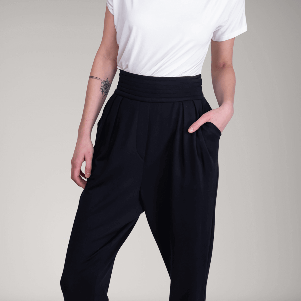 Pleated Fine French Terry Tapered Track Pants | Obsidian | Women's Clothing | ALLTRUEIST By Maryna | ALLTRUEIST