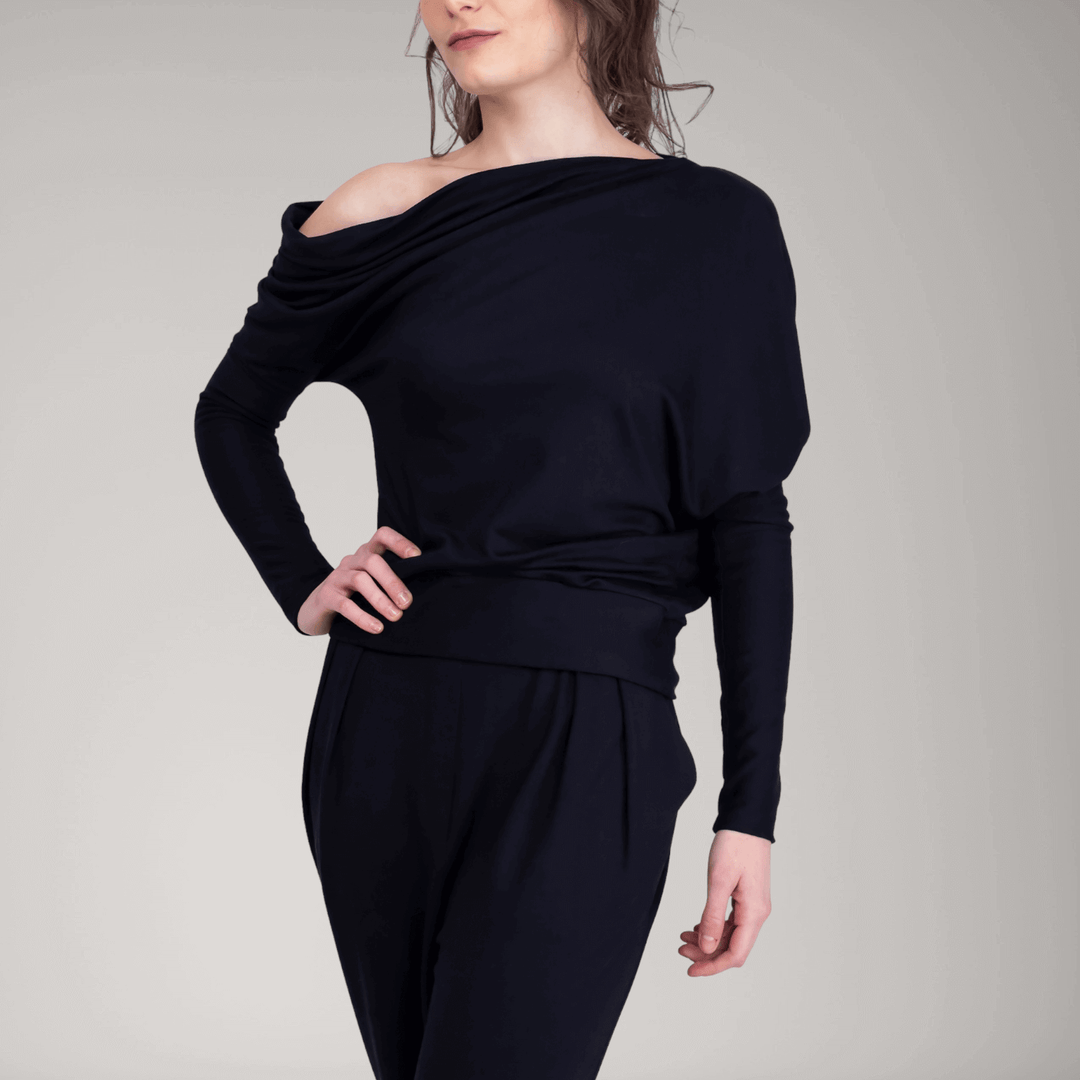 One-Shoulder Fine French Terry Sweater | Obsidian | Women's Clothing | ALLTRUEIST By Maryna | ALLTRUEIST