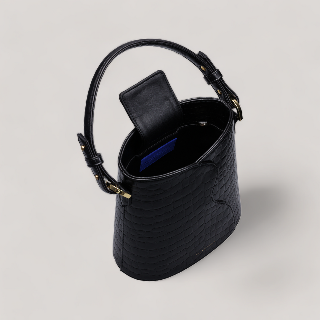Nalu - Mini Bucket Bag - Black Ink Croco | Vegan Handbags | By Alexandra K.. Available at ALLTRUEIST