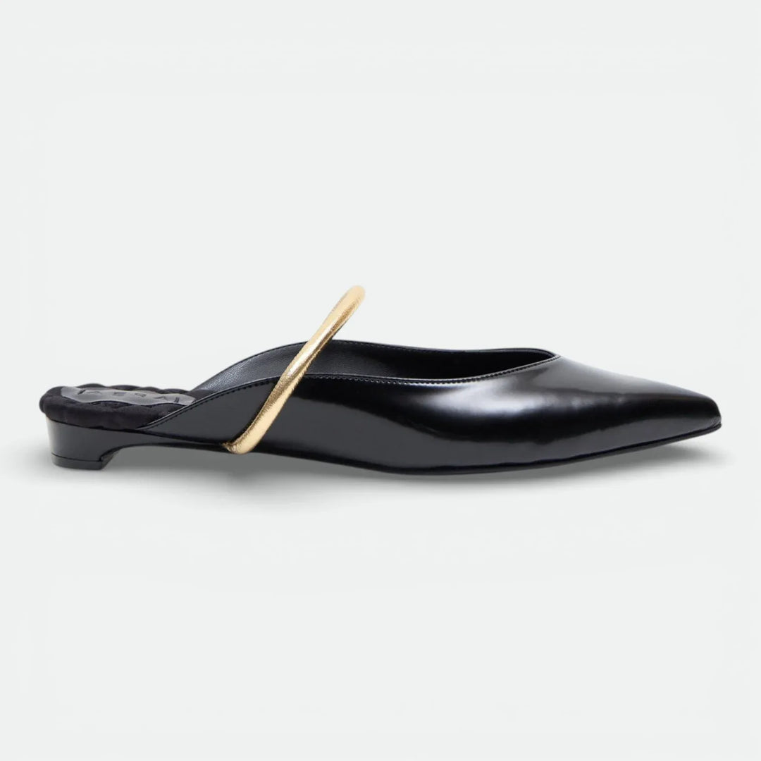 Black pointed-toe mule shoe with low heel and gold accent strap on a white background.