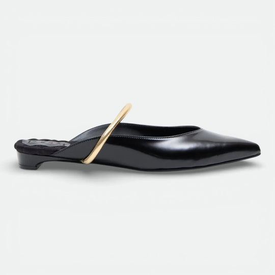 Black pointed-toe mule shoe with low heel and gold accent strap on a white background.