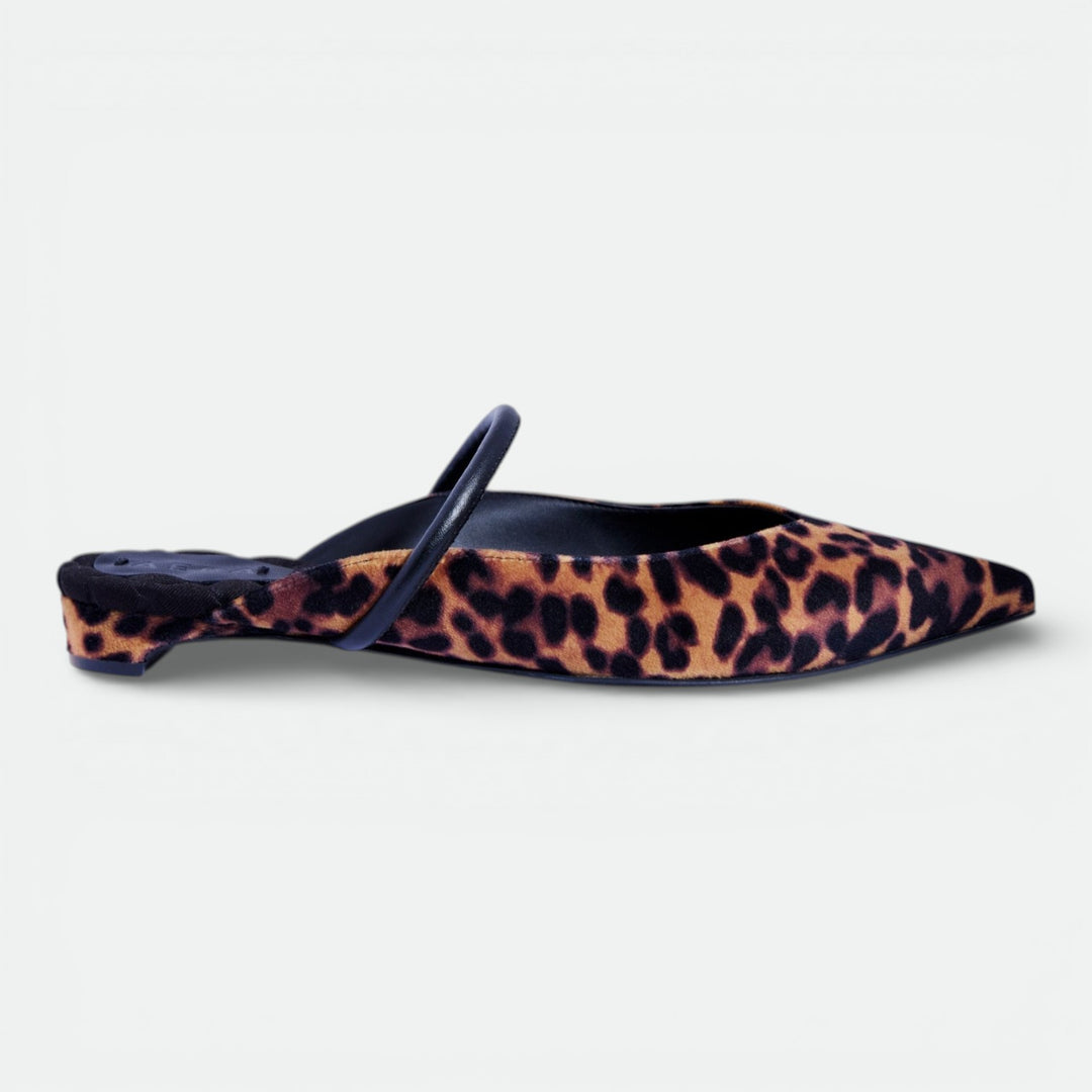JANE | Velvet Leopard - Mules by AERA NEW YORK, luxury shoes with pointed toe and textured velvet leopard finish, crafted in Italy.