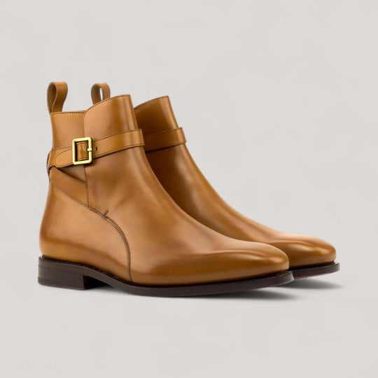 Pair of cognac box-calf Jodhpur boots, front three-quarter view