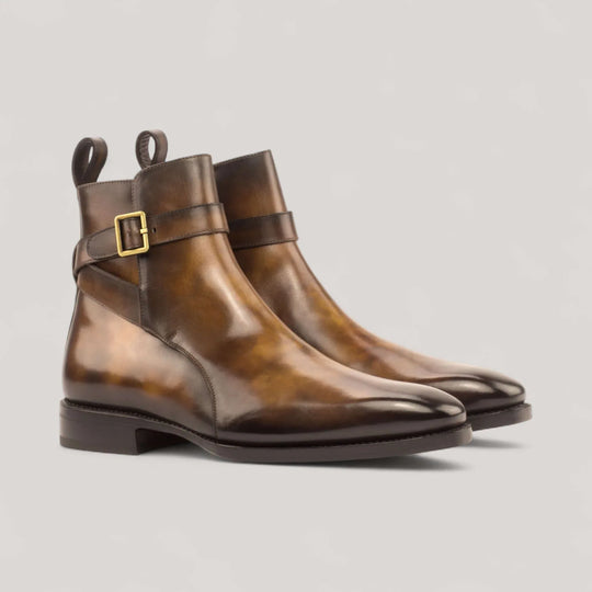 Pair of tobacco museum-patina Jodhpur boots, front three-quarter view