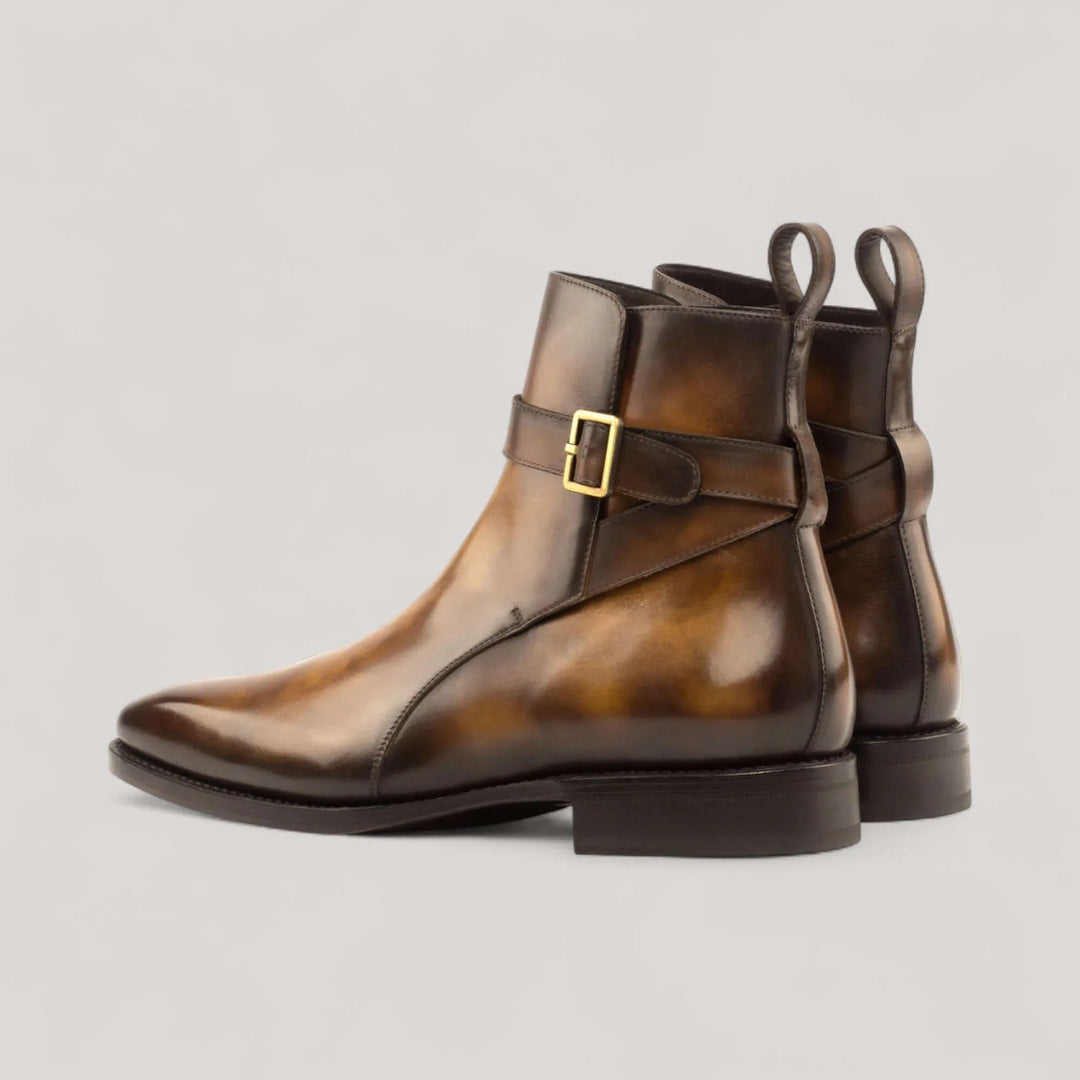 Pair of tobacco museum-patina Jodhpur boots, rear three-quarter view