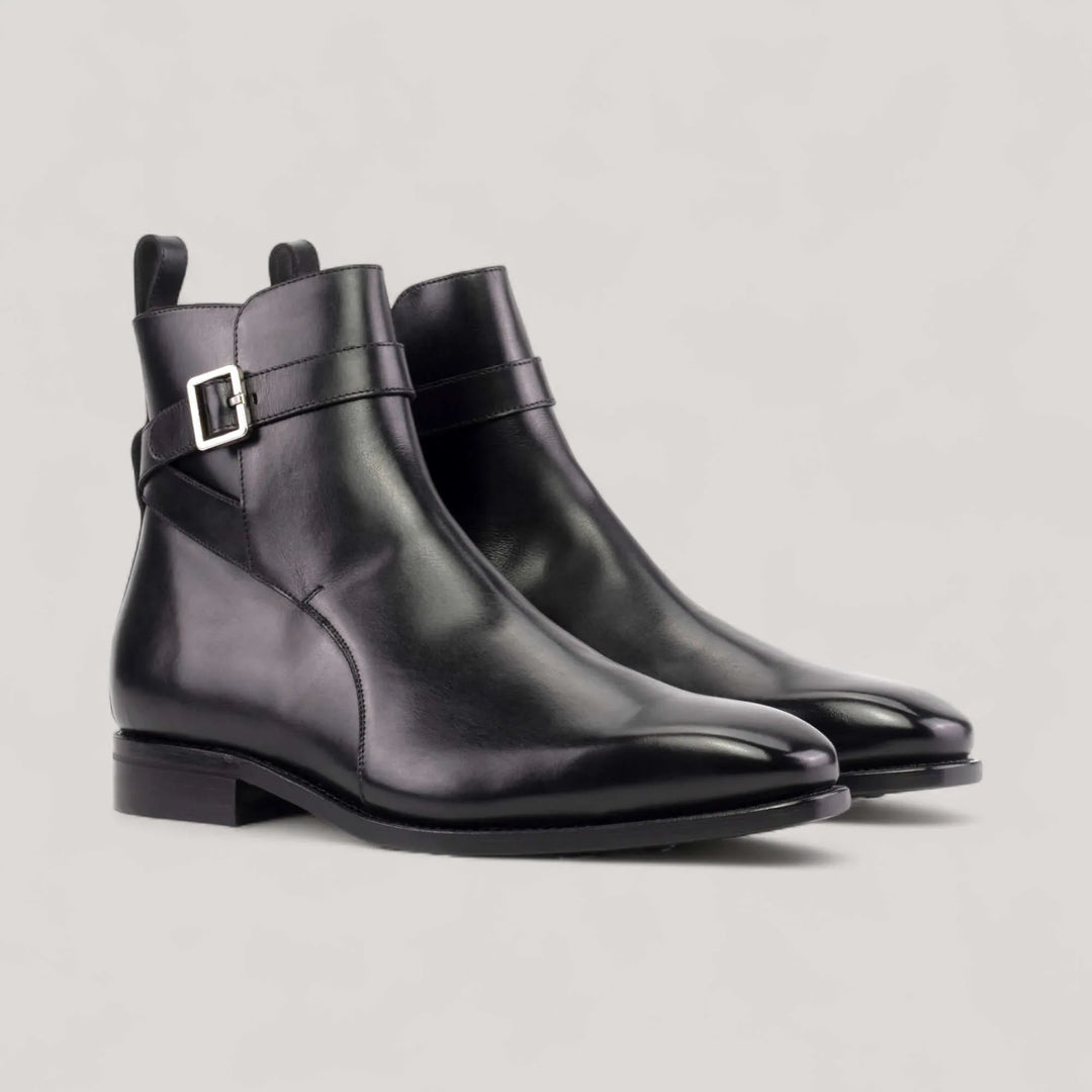 Pair of black box-calf Jodhpur boots, front three-quarter view