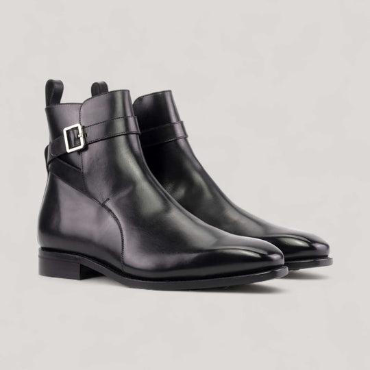 Pair of black box-calf Jodhpur boots, front three-quarter view