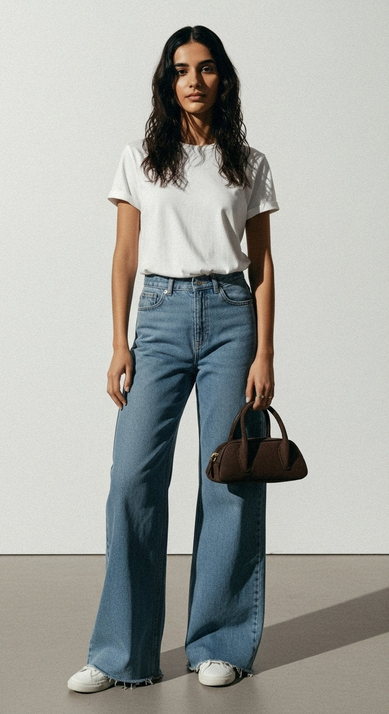 Model holding Luna | Mini Crossbody Bag | Brown Suede, a vegan handbag by ALEXANDRA K available at ALLTRUEIST, showcasing sustainable fashion.