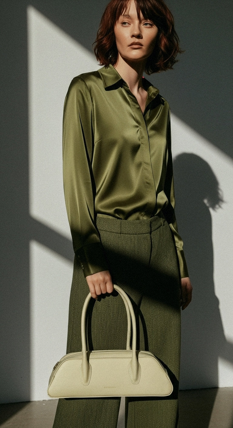 Woman holding Luna | Midi Shoulder Bag | Butter Yellow by ALEXANDRA K. VEGAN HANDBAGS from ALLTRUEIST, handcrafted corn leather.