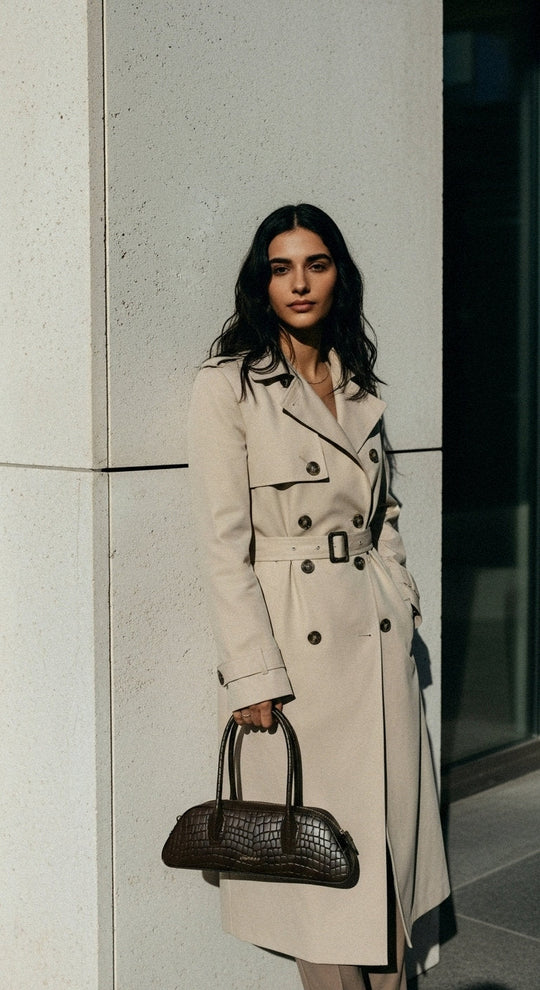 Woman holding Luna | Midi Shoulder Bag | Mokka Brown, croco-embossed vegan leather, by ALEXANDRA K. VEGAN HANDBAGS, available at ALLTRUEIST.