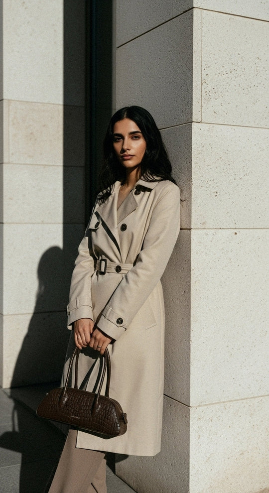 Model with Luna | Midi Shoulder Bag | Mokka Brown by ALEXANDRA K. VEGAN HANDBAGS from ALLTRUEIST, standing in a trench coat.
