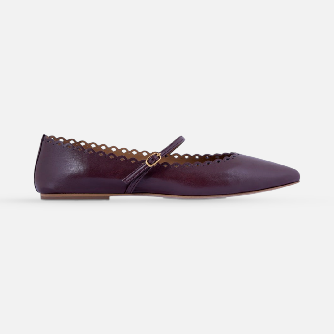 AERA MINA chestnut nappa-effect Mary Jane flat, side view.